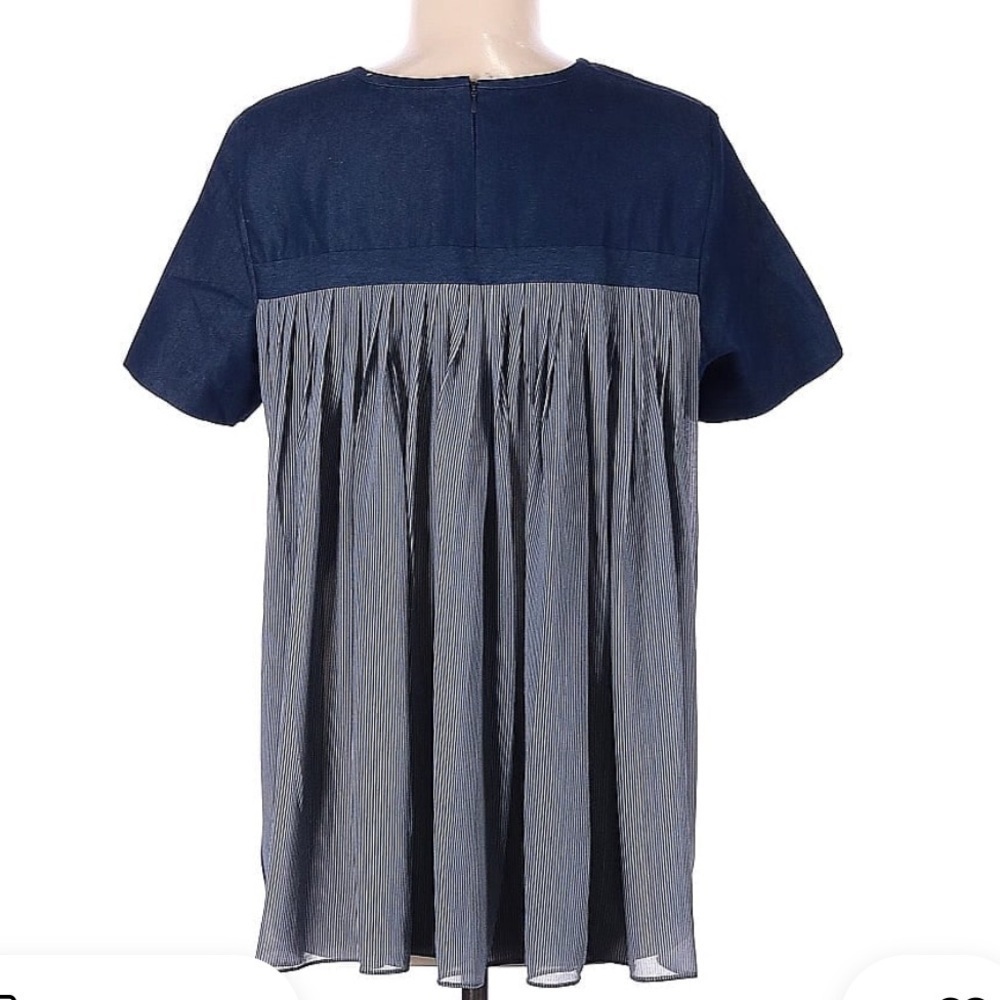 Rungolee Two Tone Navy Blue Stripe Pocket Crewneck Zip Back Blouse M - Picture 2 of 4